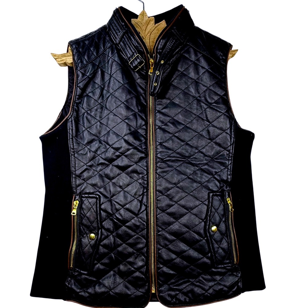 FATE Quilted Faux Leather Vest Navy Blue Zip Moto preppy Rib‎ Sides Size Medium